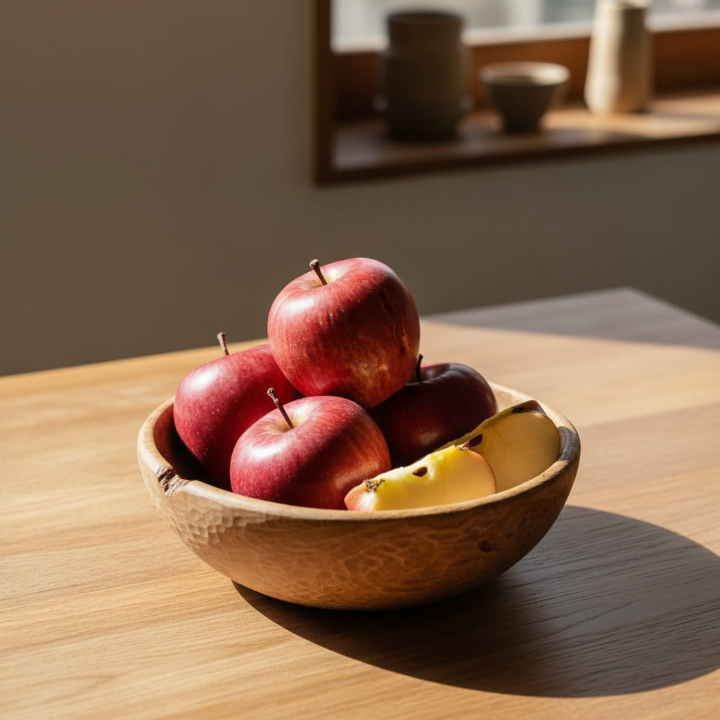 Red and yellow apples on a light beige background