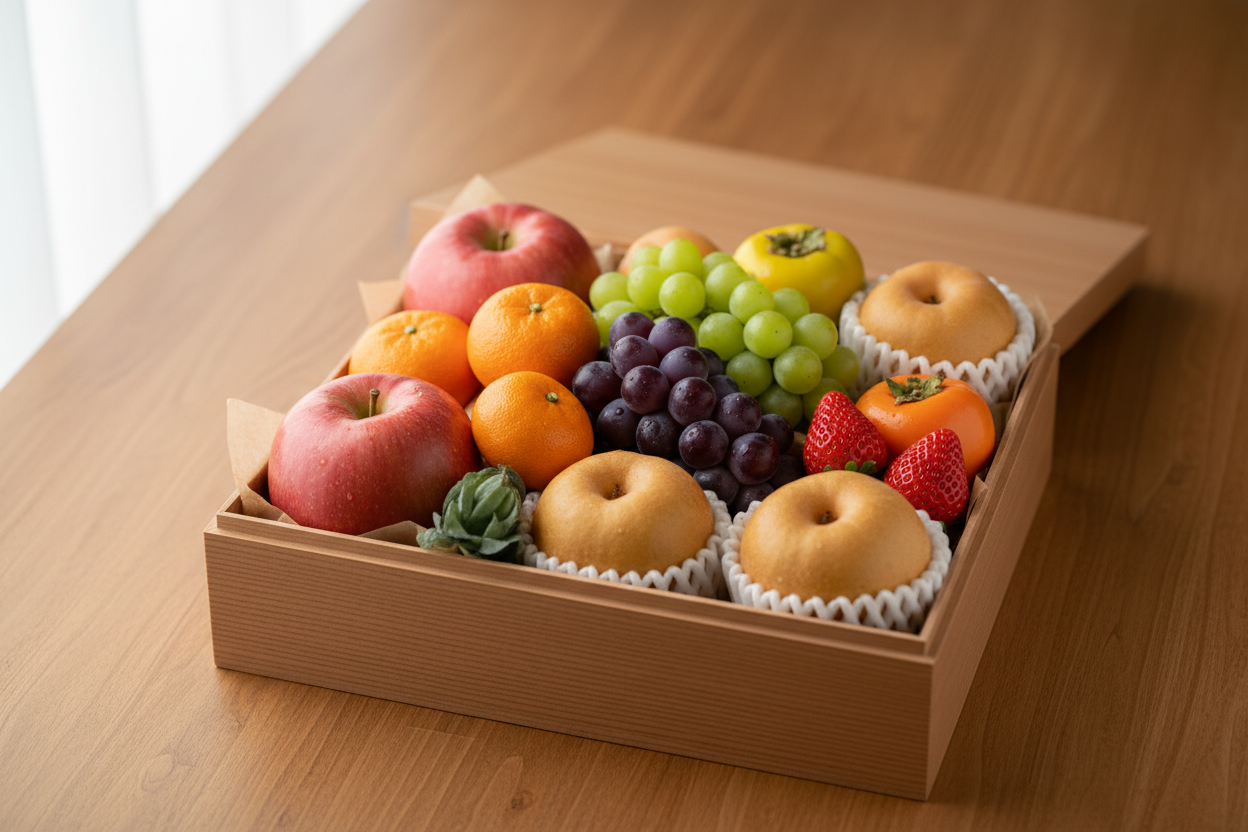綜合水果禮盒。日式清新攝影寫實風格，光影，木質調。